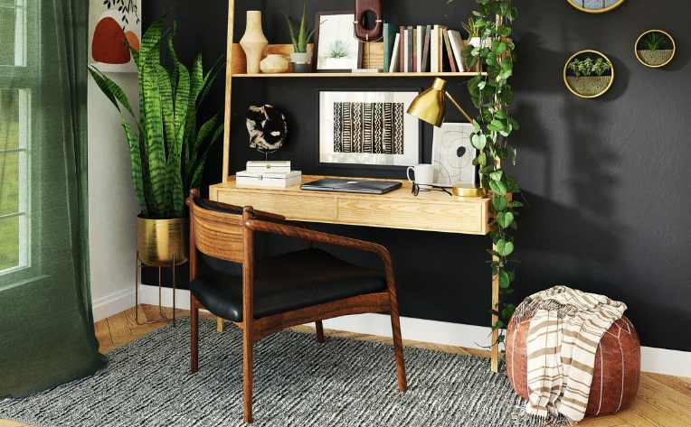 small home office with greenery and gray walls